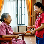**

A visiting nurse assisting a senior citizen in their comfortable Malaysian home. The scene should convey warmth, care, and a sense of familiarity. Consider details like traditional Malaysian decor and perhaps a glimpse of family photos. Focus: Emphasizing the comfort and personal touch of home care in Malaysia.

**