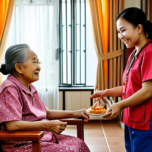 **

A visiting nurse assisting a senior citizen in their comfortable Malaysian home. The scene should convey warmth, care, and a sense of familiarity. Consider details like traditional Malaysian decor and perhaps a glimpse of family photos. Focus: Emphasizing the comfort and personal touch of home care in Malaysia.

**