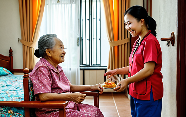 **
A visiting nurse assisting a senior citizen in their comfortable Malaysian home. The scene should convey warmth, care, and a sense of familiarity. Consider details like traditional Malaysian decor and perhaps a glimpse of family photos. Focus: Emphasizing the comfort and personal touch of home care in Malaysia.
**