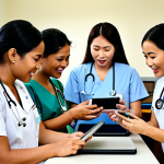 **Image Prompt:** A diverse team of nurses in a modern Malaysian hospital, actively listening to each other during a shift handover. Some nurses are using tablets to access patient information on the EHR system, while others are engaged in face-to-face communication, demonstrating effective teamwork and patient care. The setting is a bright and clean hospital ward, reflecting a positive work environment.