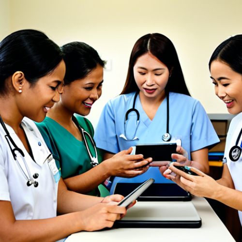 **Image Prompt:** A diverse team of nurses in a modern Malaysian hospital, actively listening to each other during a shift handover. Some nurses are using tablets to access patient information on the EHR system, while others are engaged in face-to-face communication, demonstrating effective teamwork and patient care. The setting is a bright and clean hospital ward, reflecting a positive work environment.