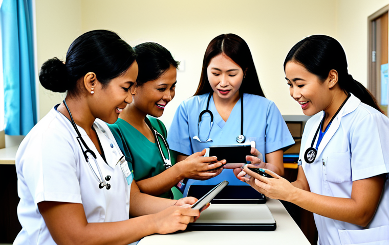 **Image Prompt:** A diverse team of nurses in a modern Malaysian hospital, actively listening to each other during a shift handover. Some nurses are using tablets to access patient information on the EHR system, while others are engaged in face-to-face communication, demonstrating effective teamwork and patient care. The setting is a bright and clean hospital ward, reflecting a positive work environment.