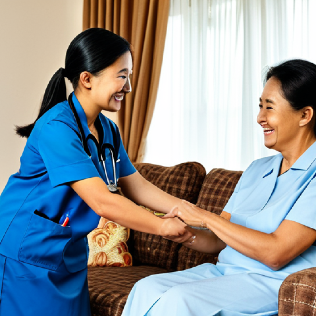 **

"A caring home health nurse, fully clothed in a professional uniform, assisting an elderly woman in her cozy living room, appropriate attire, safe for work, perfect anatomy, natural proportions, modest clothing, family-friendly, well-lit, high-quality photography. The nurse is smiling and helping the woman with her medication. The room has traditional Malaysian decor."

**