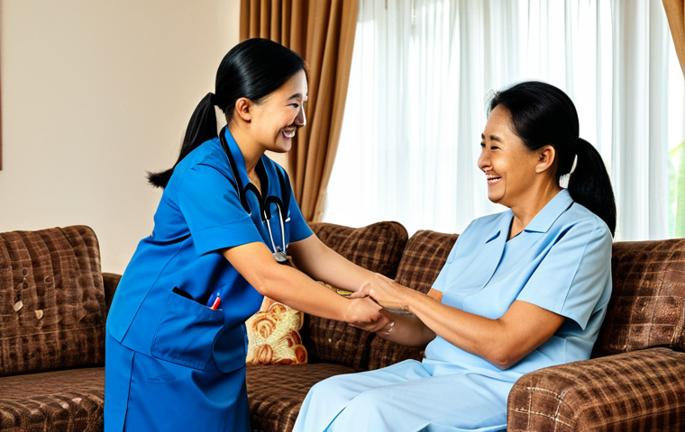 **

"A caring home health nurse, fully clothed in a professional uniform, assisting an elderly woman in her cozy living room, appropriate attire, safe for work, perfect anatomy, natural proportions, modest clothing, family-friendly, well-lit, high-quality photography. The nurse is smiling and helping the woman with her medication. The room has traditional Malaysian decor."

**